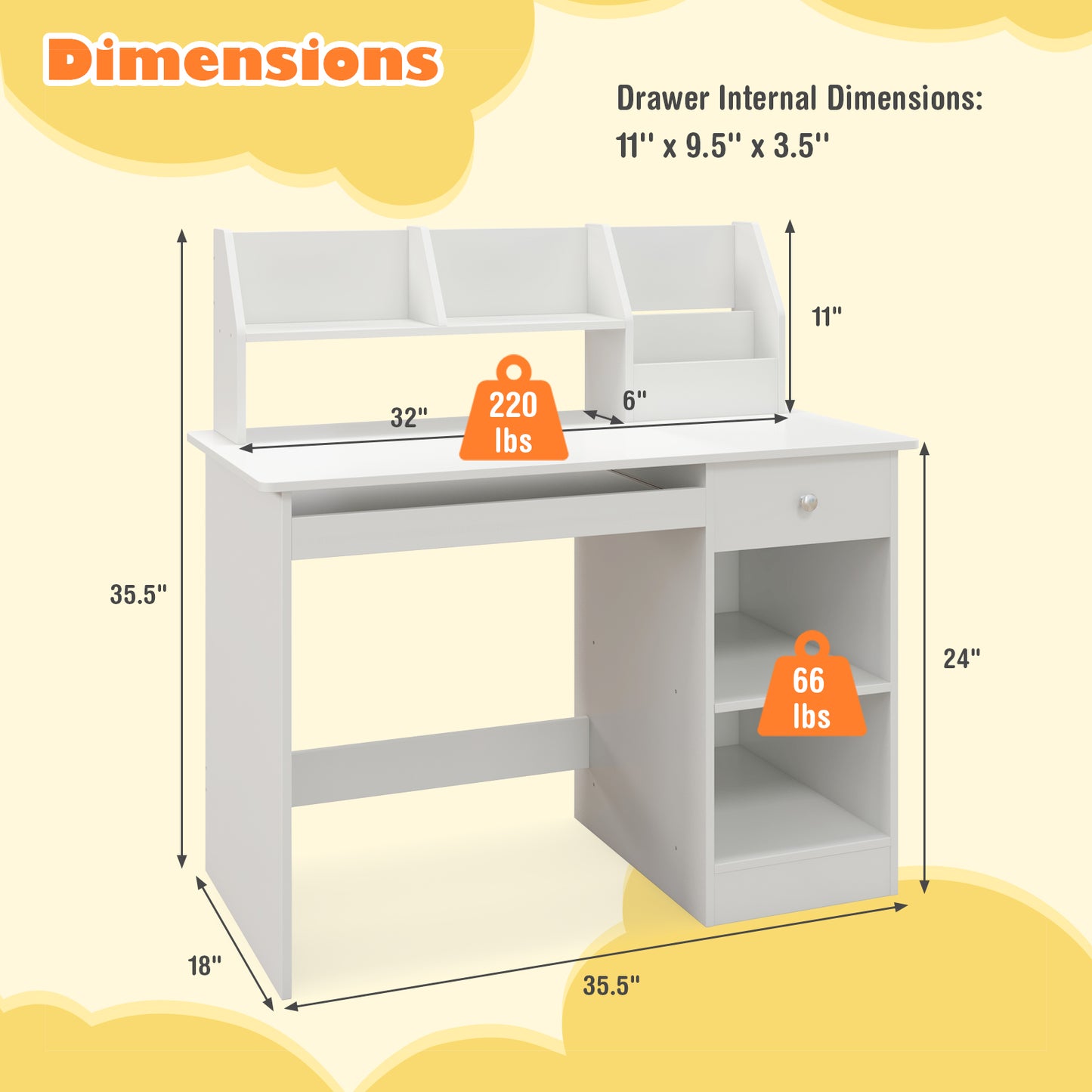 Kids Study Desk Children Writing Table with Hutch Drawer Shelves and Keyboard Tray-White Kids Crystal