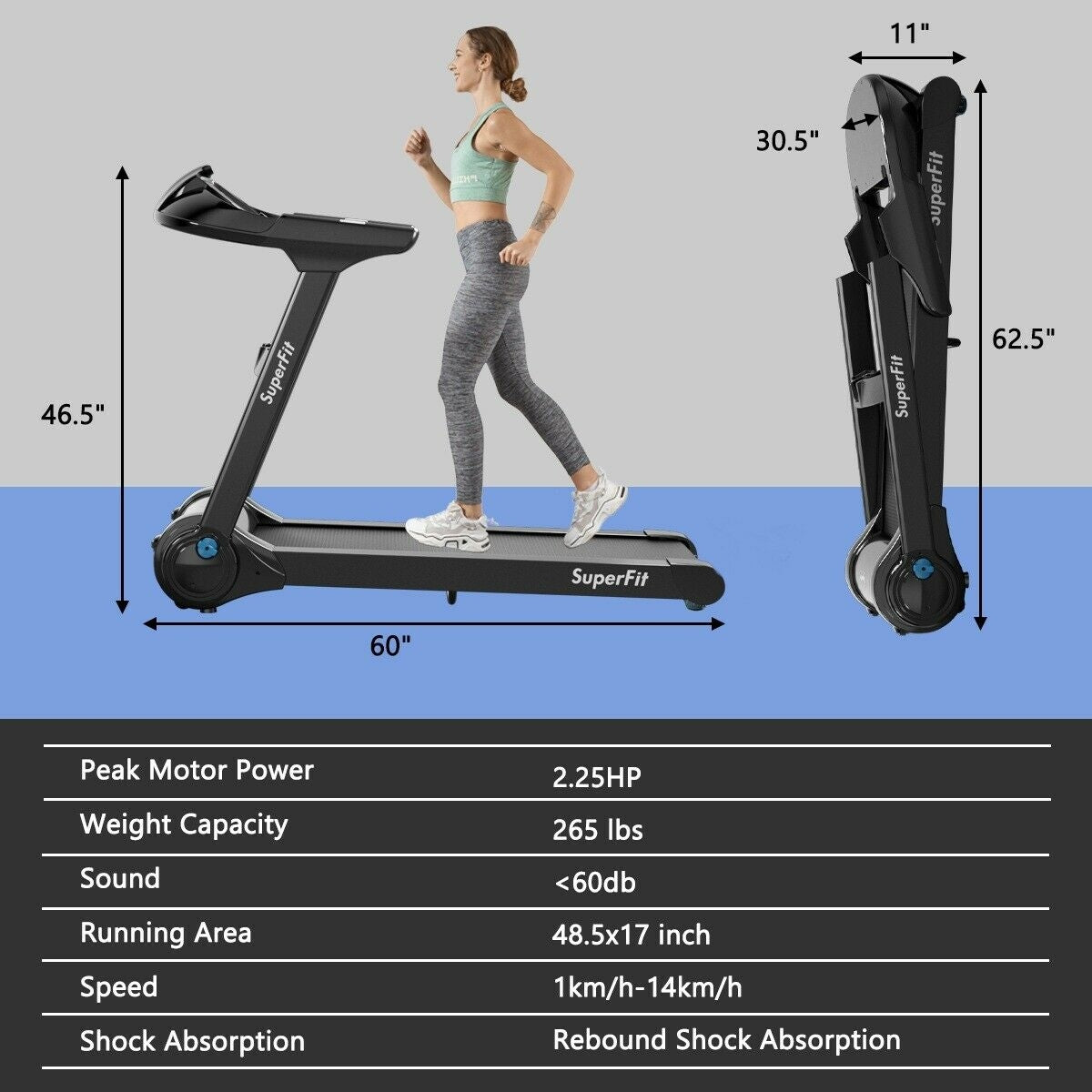 2.25HP Folding Treadmill Running Jogging Machine with APP heart rate bluetooth Kids Crystal