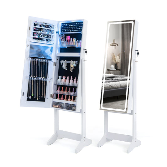 Lockable Jewelry Armoire Standing Cabinet with Lighted Full-Length Mirror-White Kids Crystal