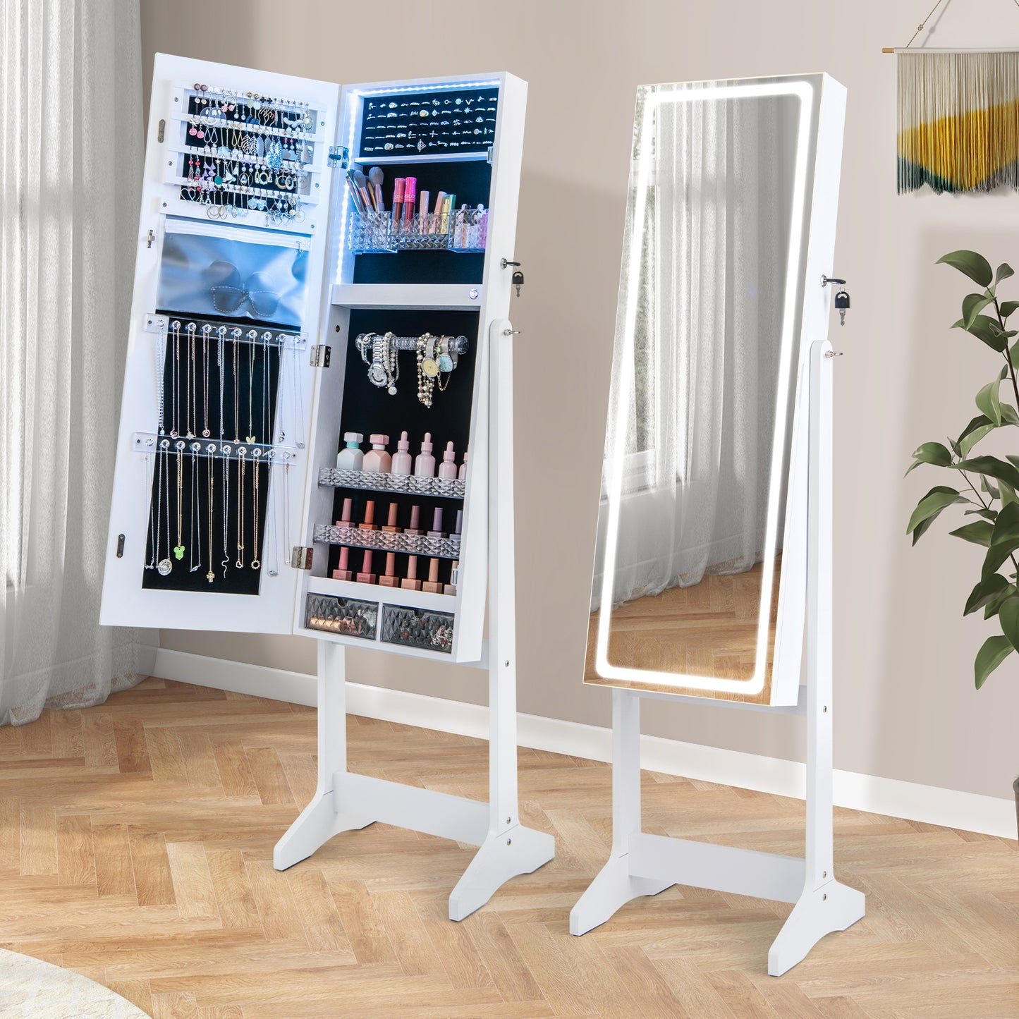 Lockable Jewelry Armoire Standing Cabinet with Lighted Full-Length Mirror-White Kids Crystal