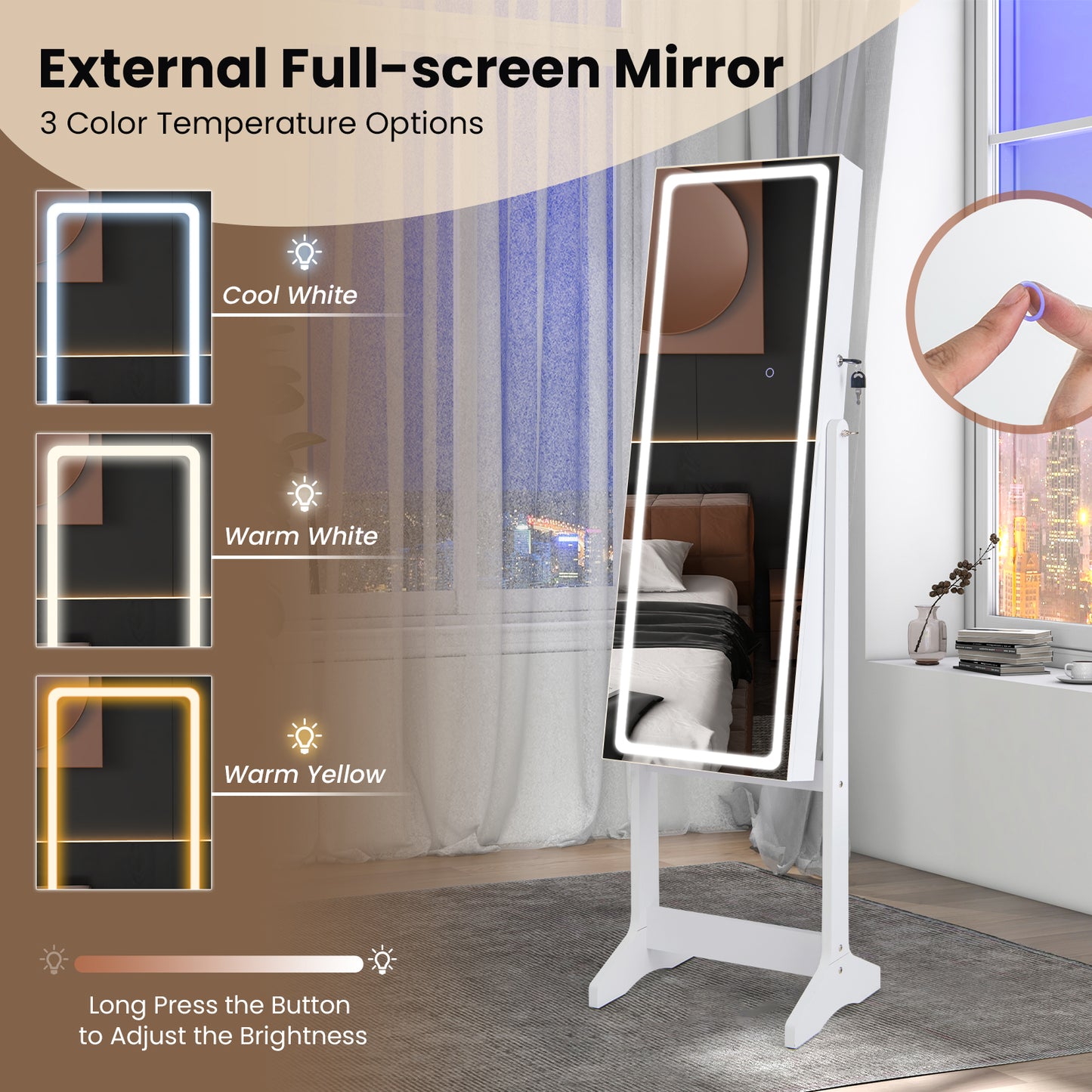 Lockable Jewelry Armoire Standing Cabinet with Lighted Full-Length Mirror-White Kids Crystal