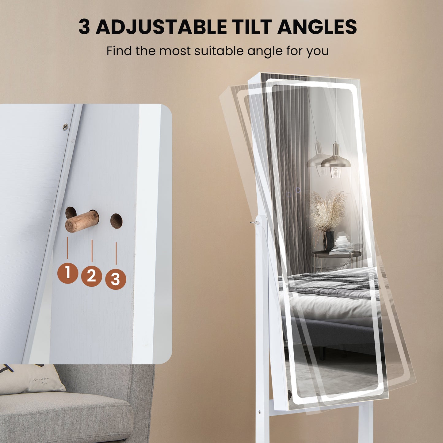 Lockable Jewelry Armoire Standing Cabinet with Lighted Full-Length Mirror-White Kids Crystal