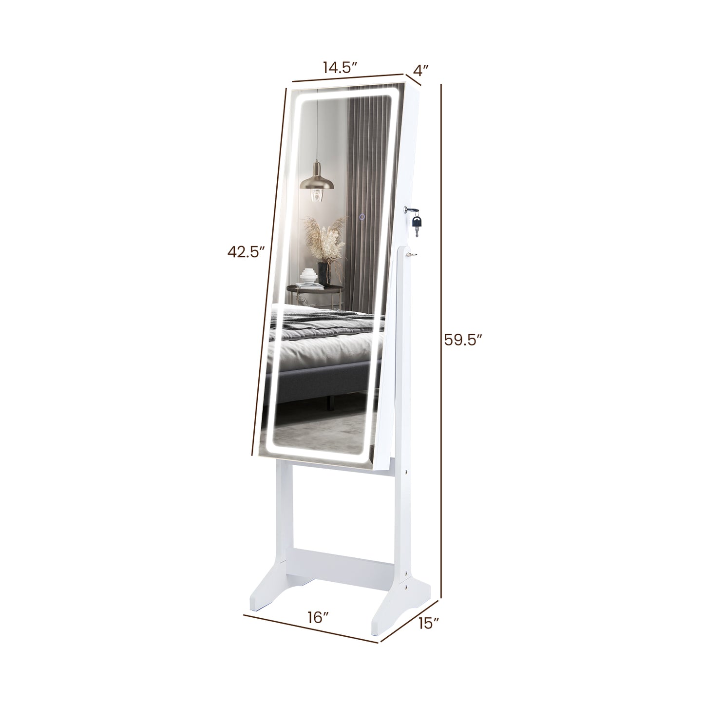 Lockable Jewelry Armoire Standing Cabinet with Lighted Full-Length Mirror-White Kids Crystal
