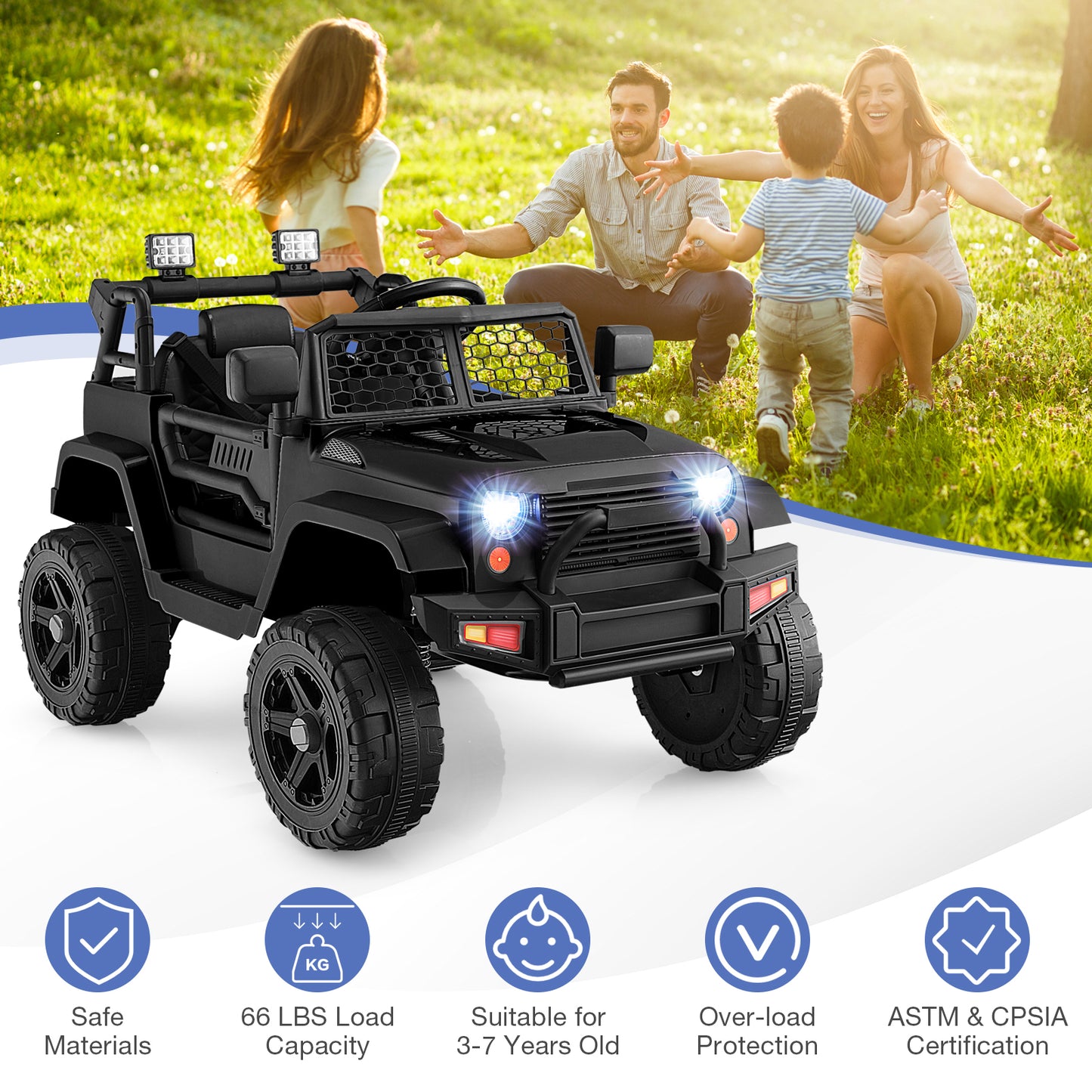 12V Kids Ride On Truck with Remote Control and Headlights-Black Kids Crystal