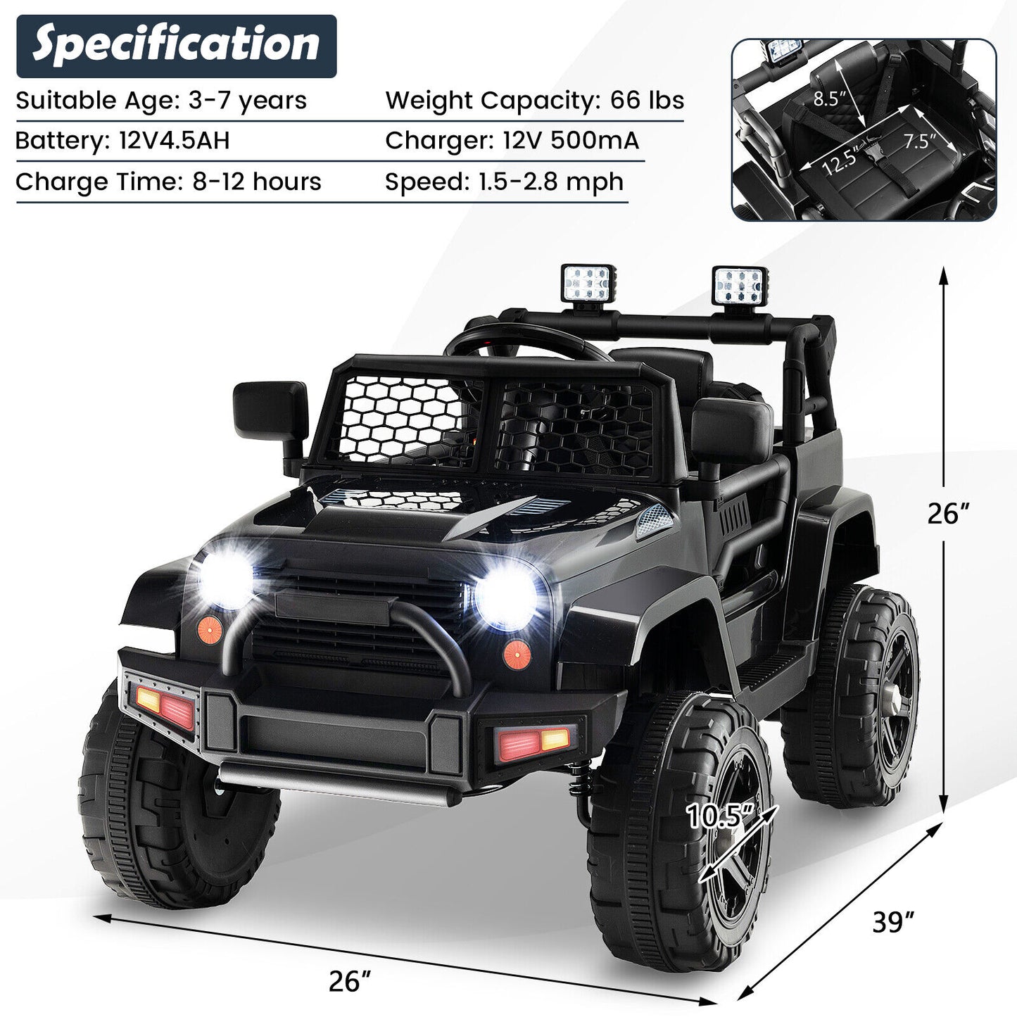 12V Kids Ride On Truck with Remote Control and Headlights-Black Kids Crystal