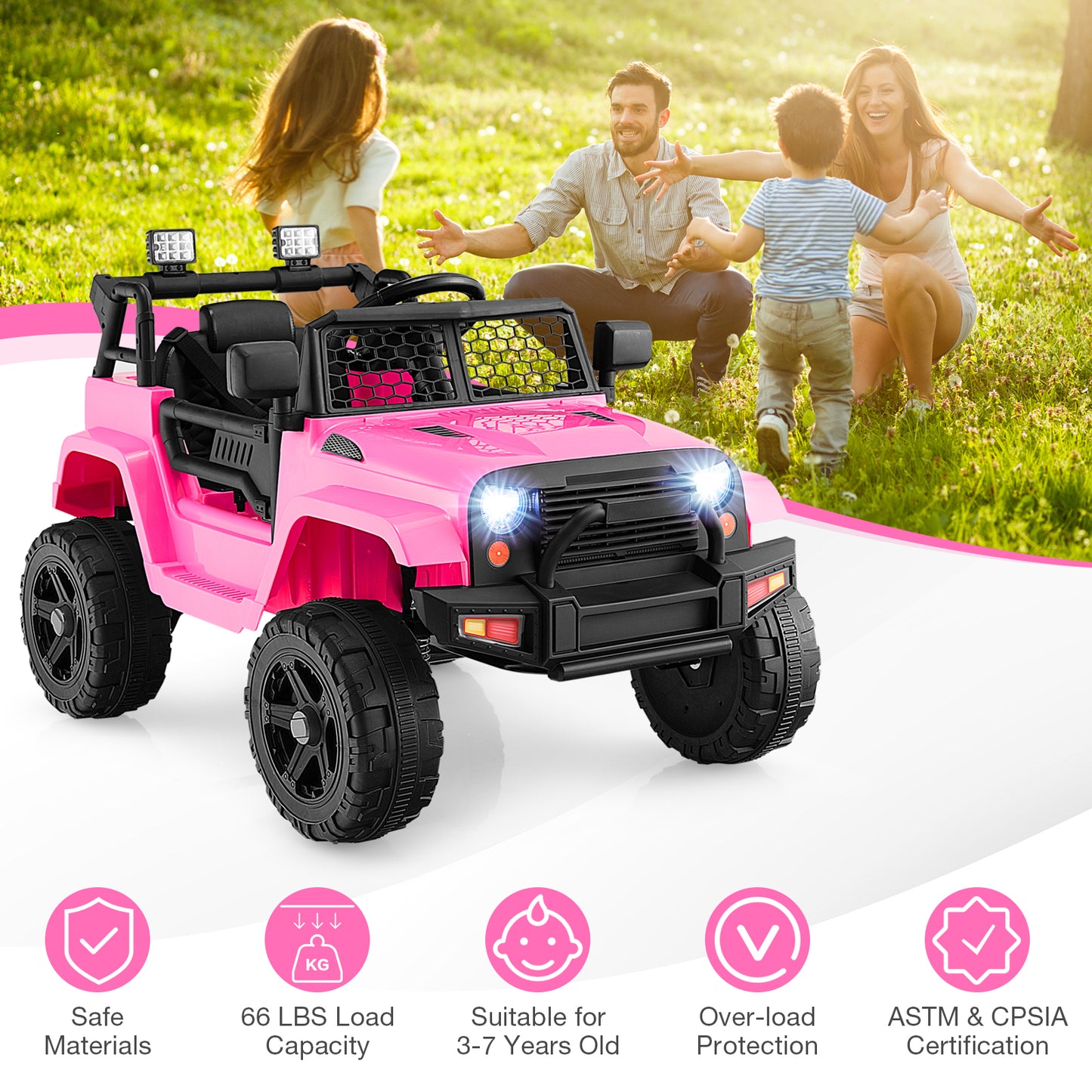 12V Kids Ride On Truck with Remote Control and Headlights-Pink Kids Crystal