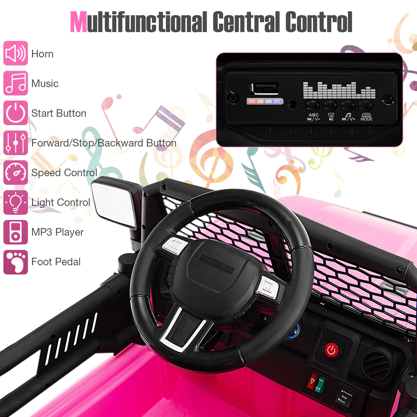 12V Kids Ride On Truck with Remote Control and Headlights-Pink Kids Crystal