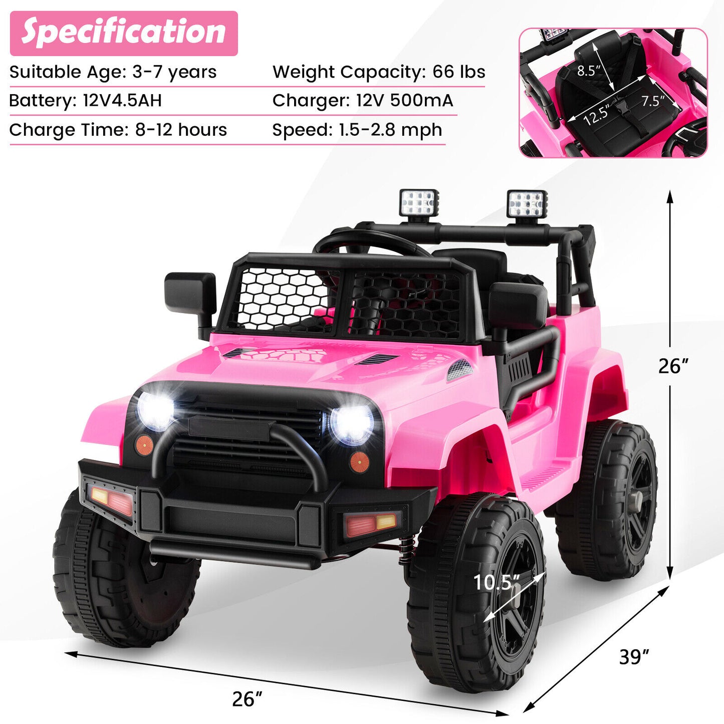 12V Kids Ride On Truck with Remote Control and Headlights-Pink Kids Crystal