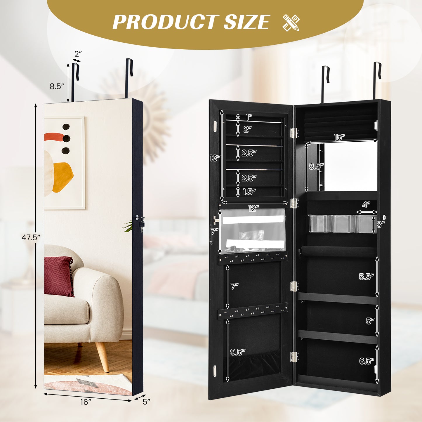 Lockable Storage Jewelry Cabinet  with Frameless Mirror-Black Kids Crystal