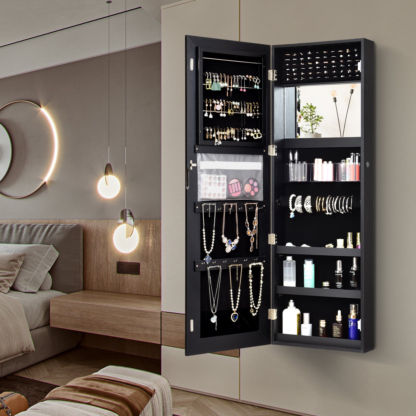 Lockable Storage Jewelry Cabinet  with Frameless Mirror-Black Kids Crystal