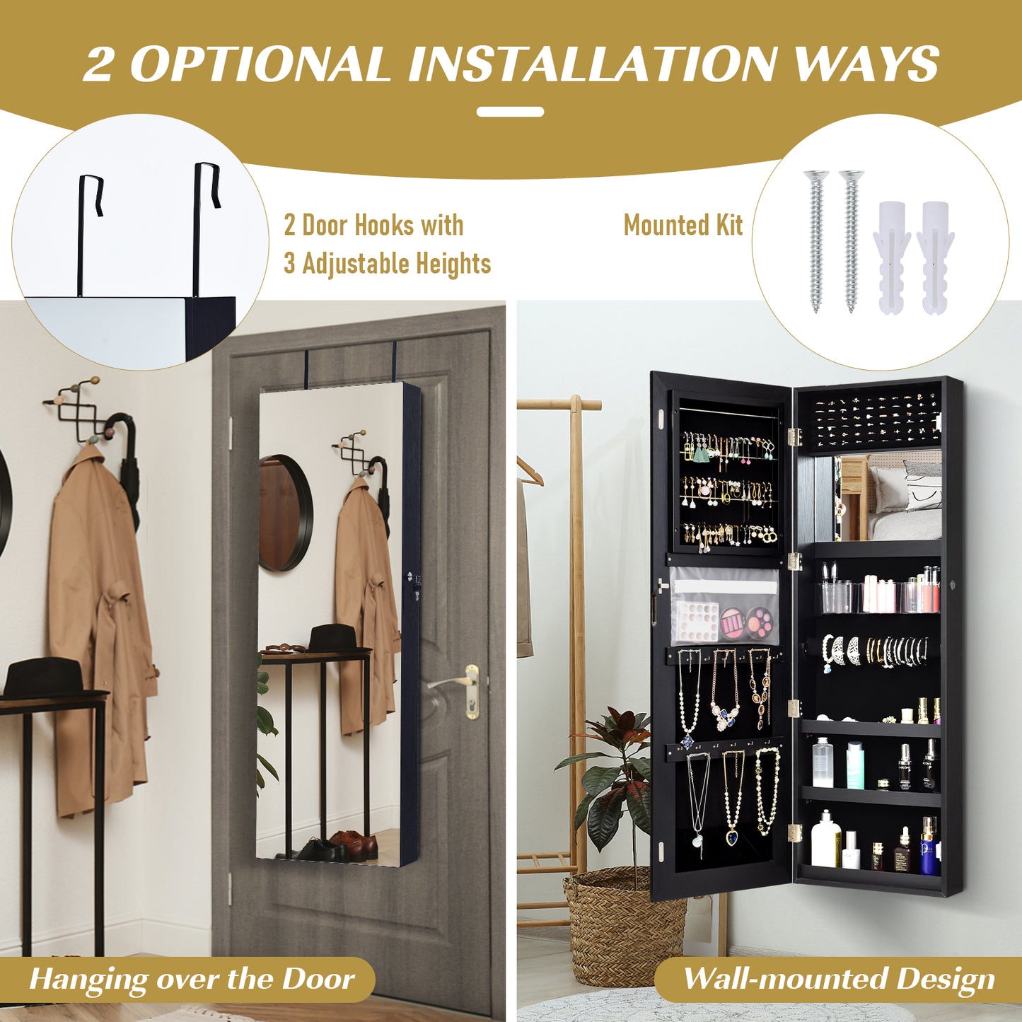Lockable Storage Jewelry Cabinet  with Frameless Mirror-Black Kids Crystal