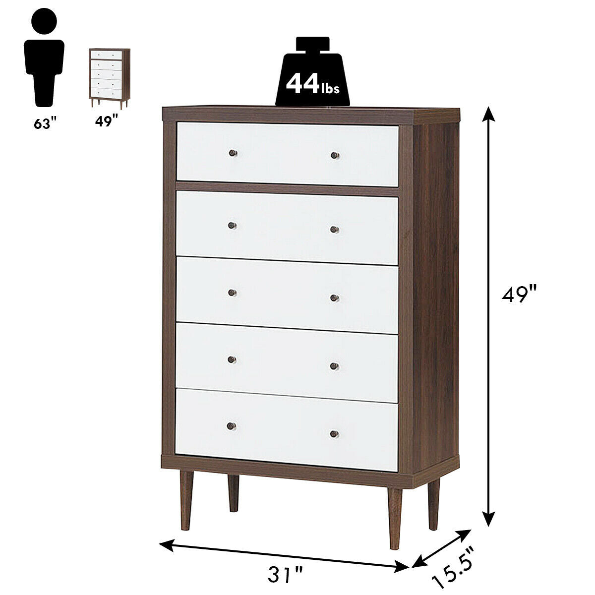 Antique-Style Free-Standing Dresser with 5 Drawers Kids Crystal