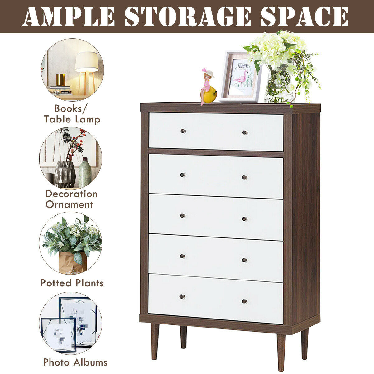 Antique-Style Free-Standing Dresser with 5 Drawers Kids Crystal