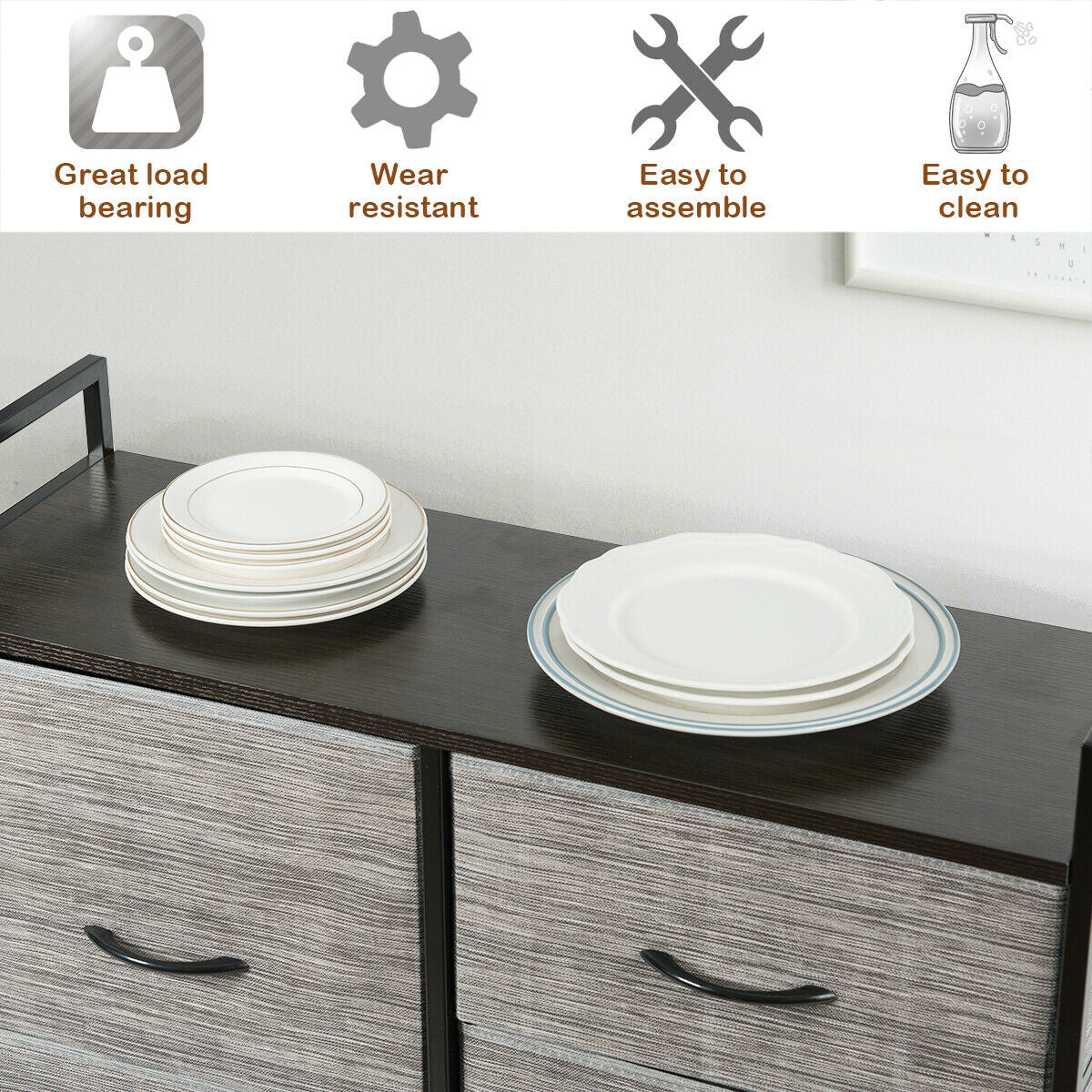 5 Fabric Drawers Dresser with Metal Frame and Wooden Top Kids Crystal