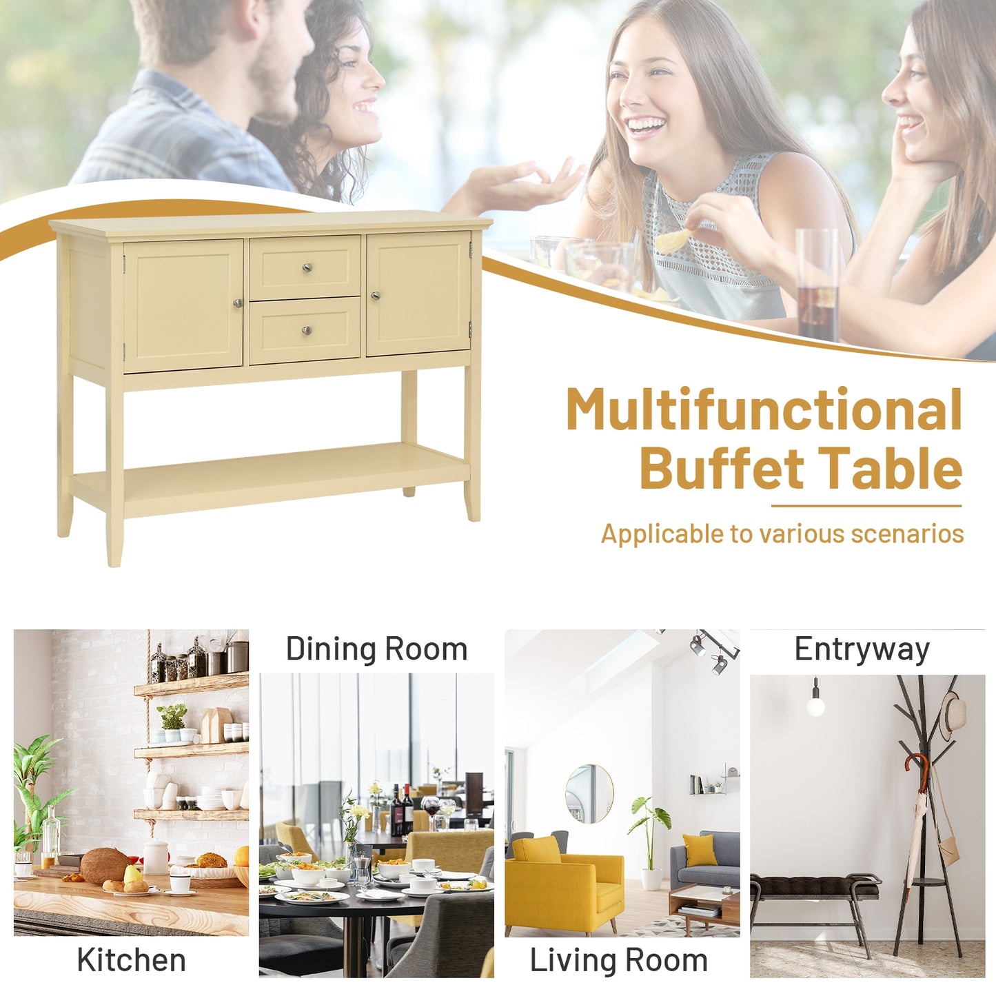 Wooden Sideboard Buffet Console Table  with Drawers and Storage-Beige Kids Crystal