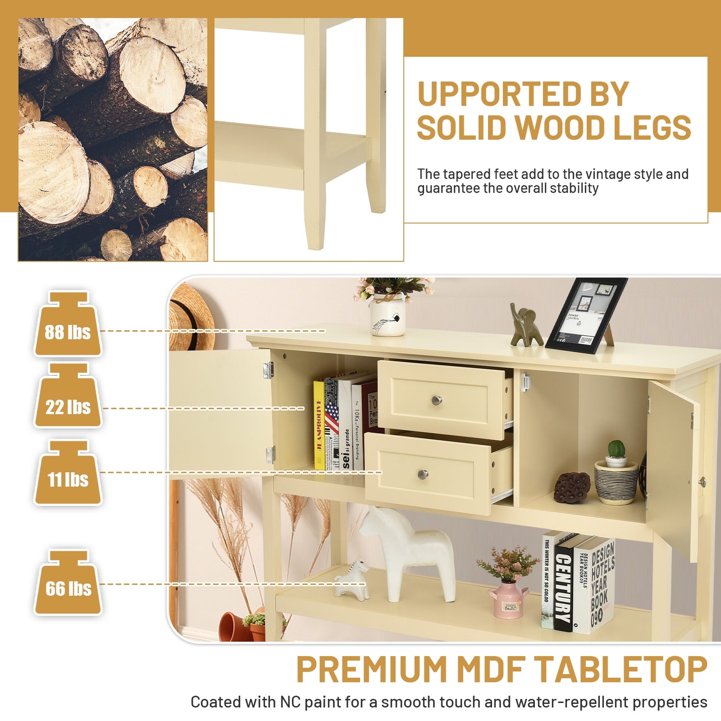 Wooden Sideboard Buffet Console Table  with Drawers and Storage-Beige Kids Crystal