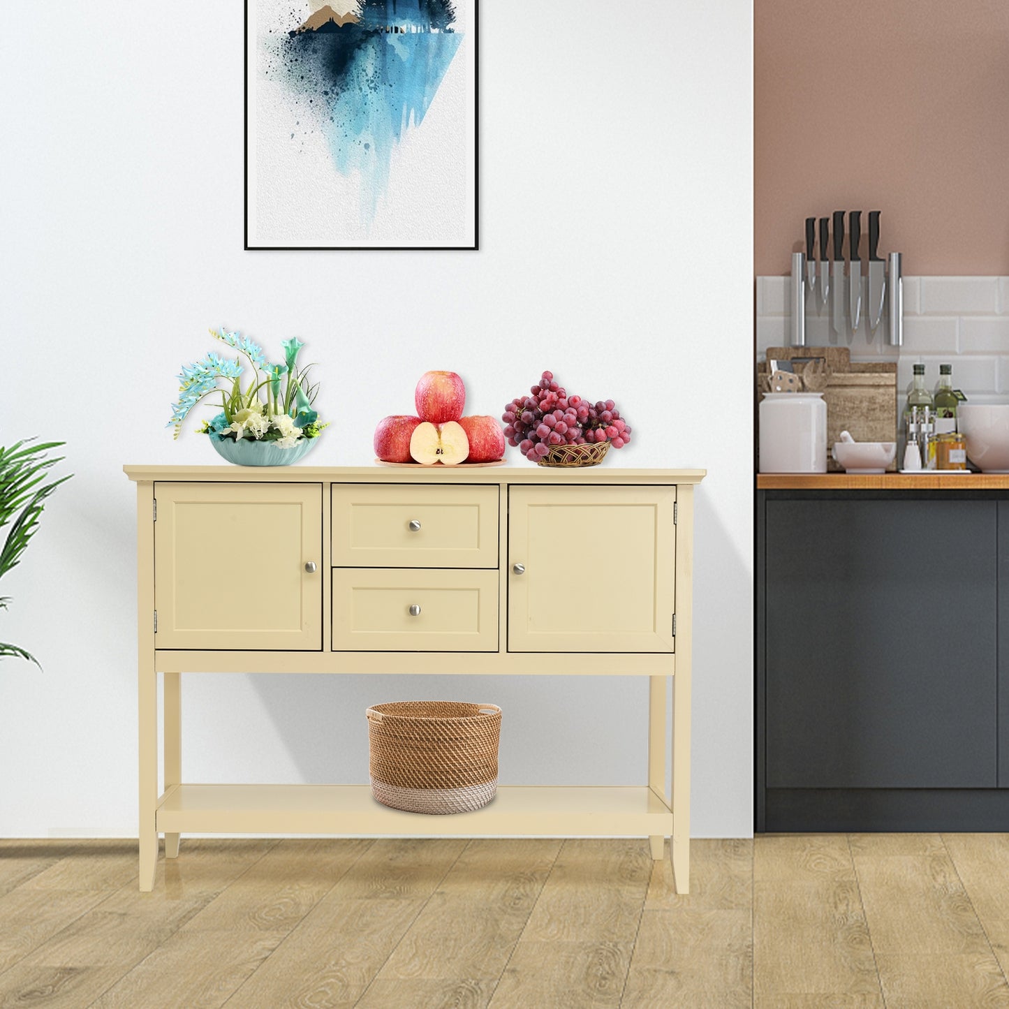 Wooden Sideboard Buffet Console Table  with Drawers and Storage-Beige Kids Crystal