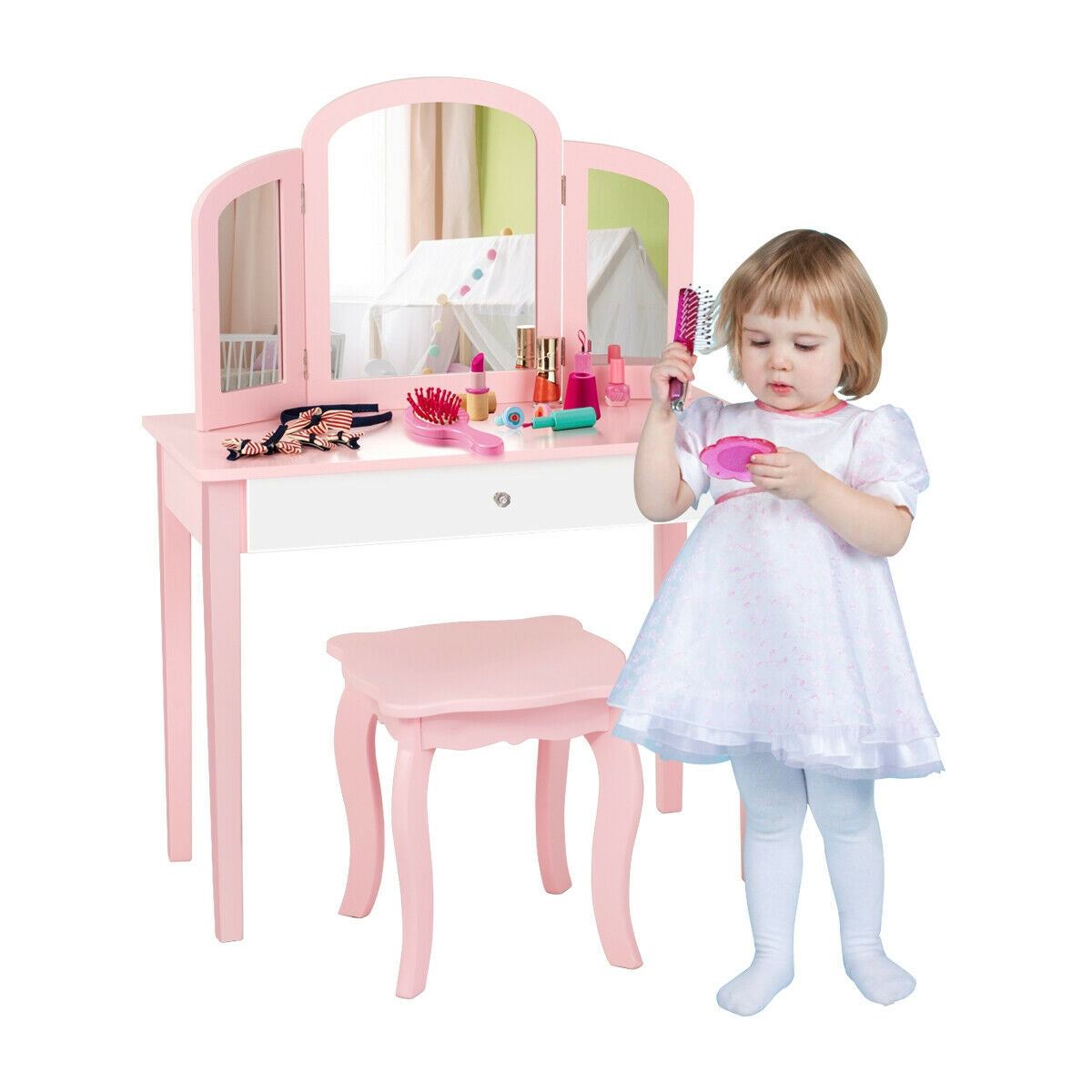 Kids Princess Make Up Dressing Table with Tri-folding Mirror and Chair-Pink Kids Crystal