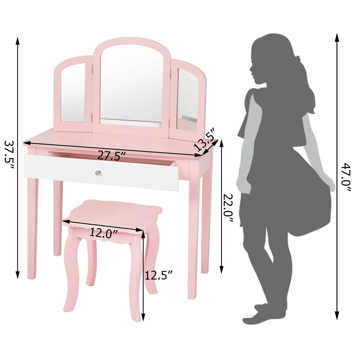 Kids Princess Make Up Dressing Table with Tri-folding Mirror and Chair-Pink Kids Crystal