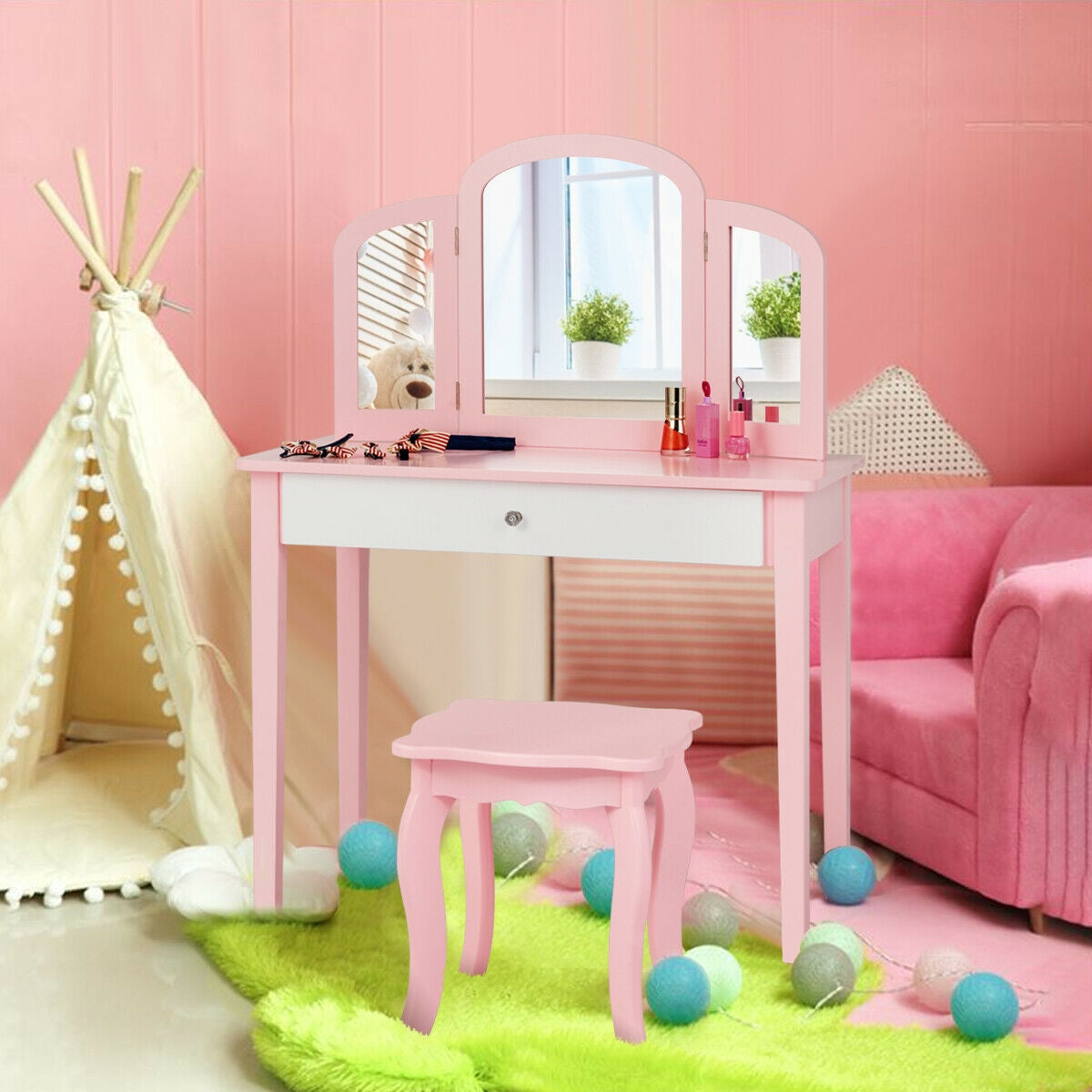 Kids Princess Make Up Dressing Table with Tri-folding Mirror and Chair-Pink Kids Crystal