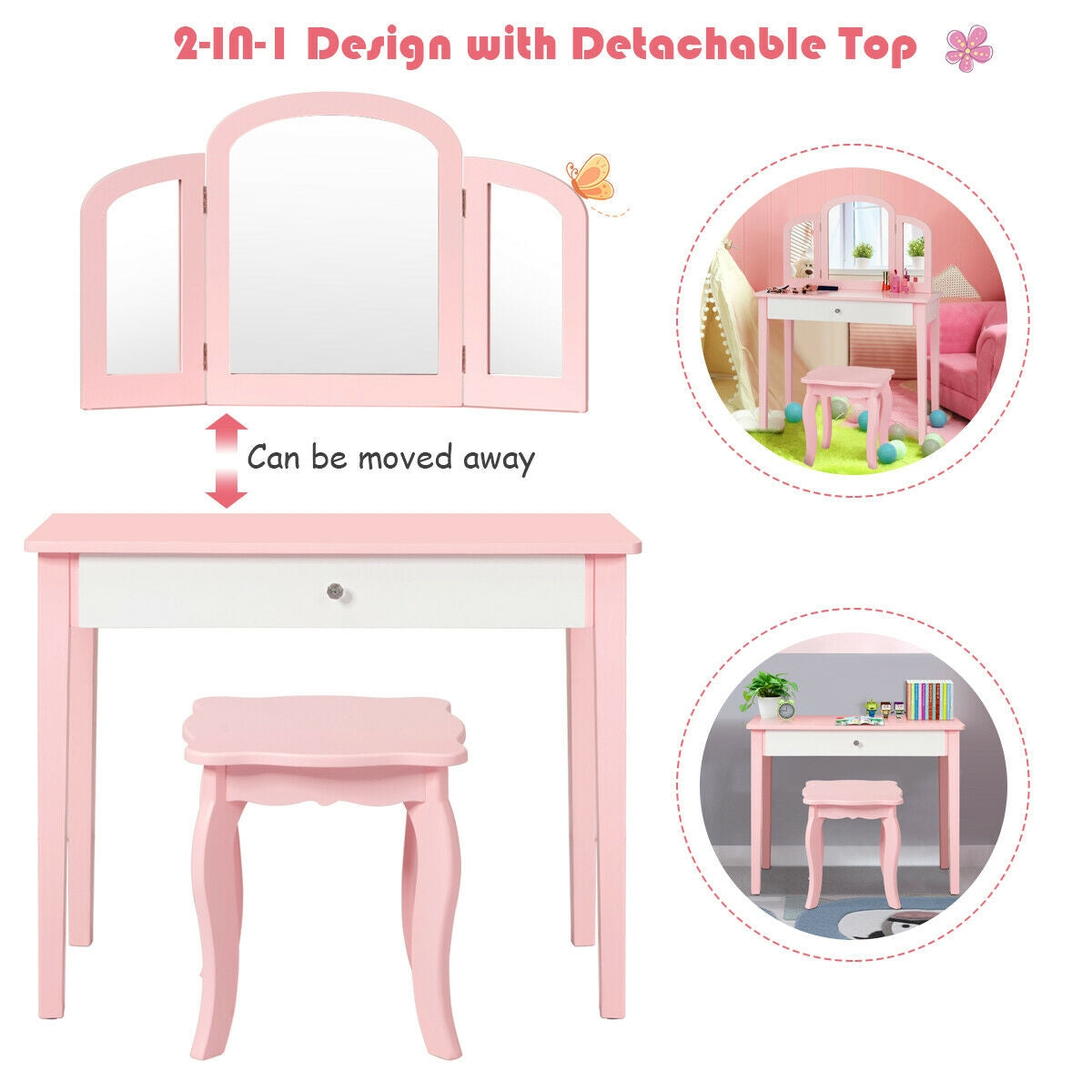 Kids Princess Make Up Dressing Table with Tri-folding Mirror and Chair-Pink Kids Crystal