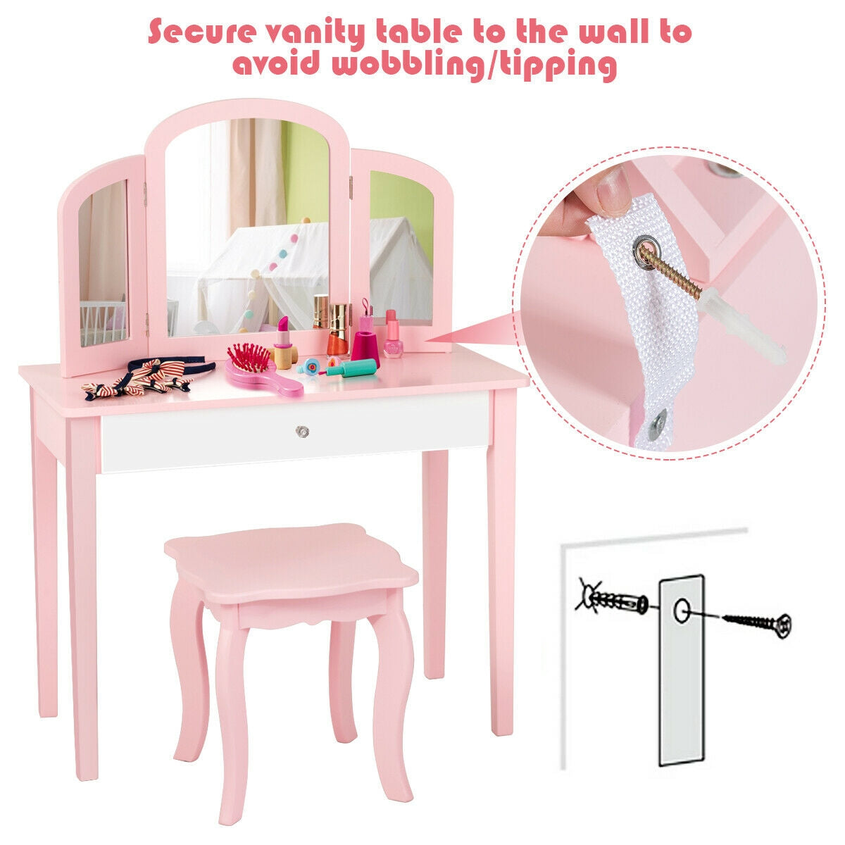 Kids Princess Make Up Dressing Table with Tri-folding Mirror and Chair-Pink Kids Crystal