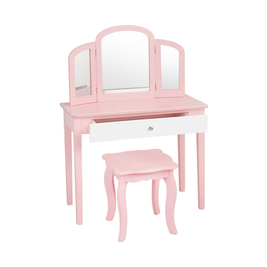 Kids Princess Make Up Dressing Table with Tri-folding Mirror and Chair-Pink Kids Crystal