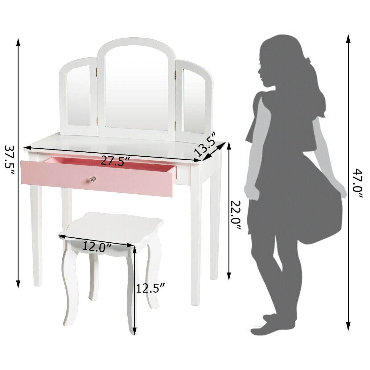 Kids Princess Make Up Dressing Table with Tri-folding Mirror and Chair-White Kids Crystal