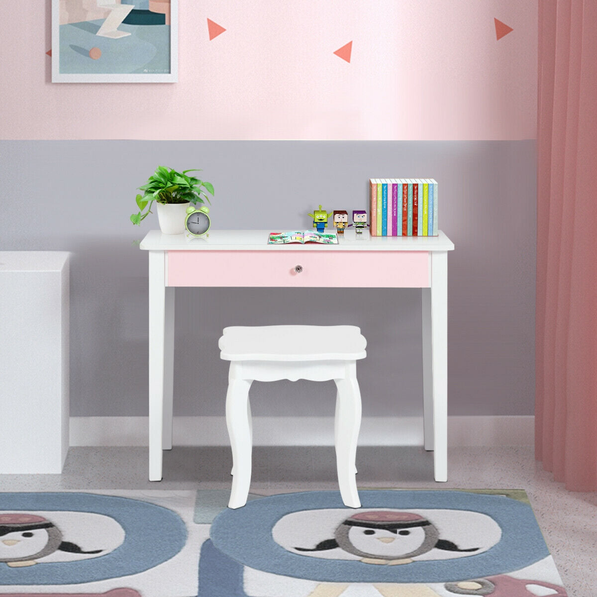 Kids Princess Make Up Dressing Table with Tri-folding Mirror and Chair-White Kids Crystal