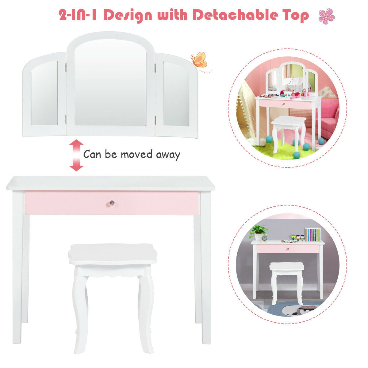 Kids Princess Make Up Dressing Table with Tri-folding Mirror and Chair-White Kids Crystal