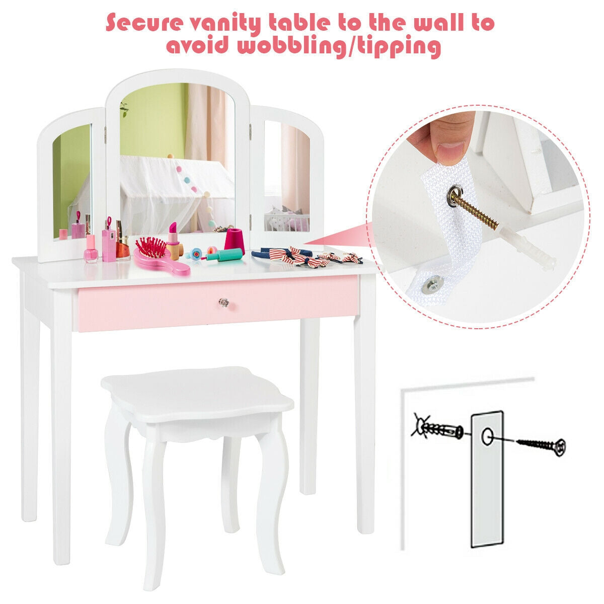 Kids Princess Make Up Dressing Table with Tri-folding Mirror and Chair-White Kids Crystal