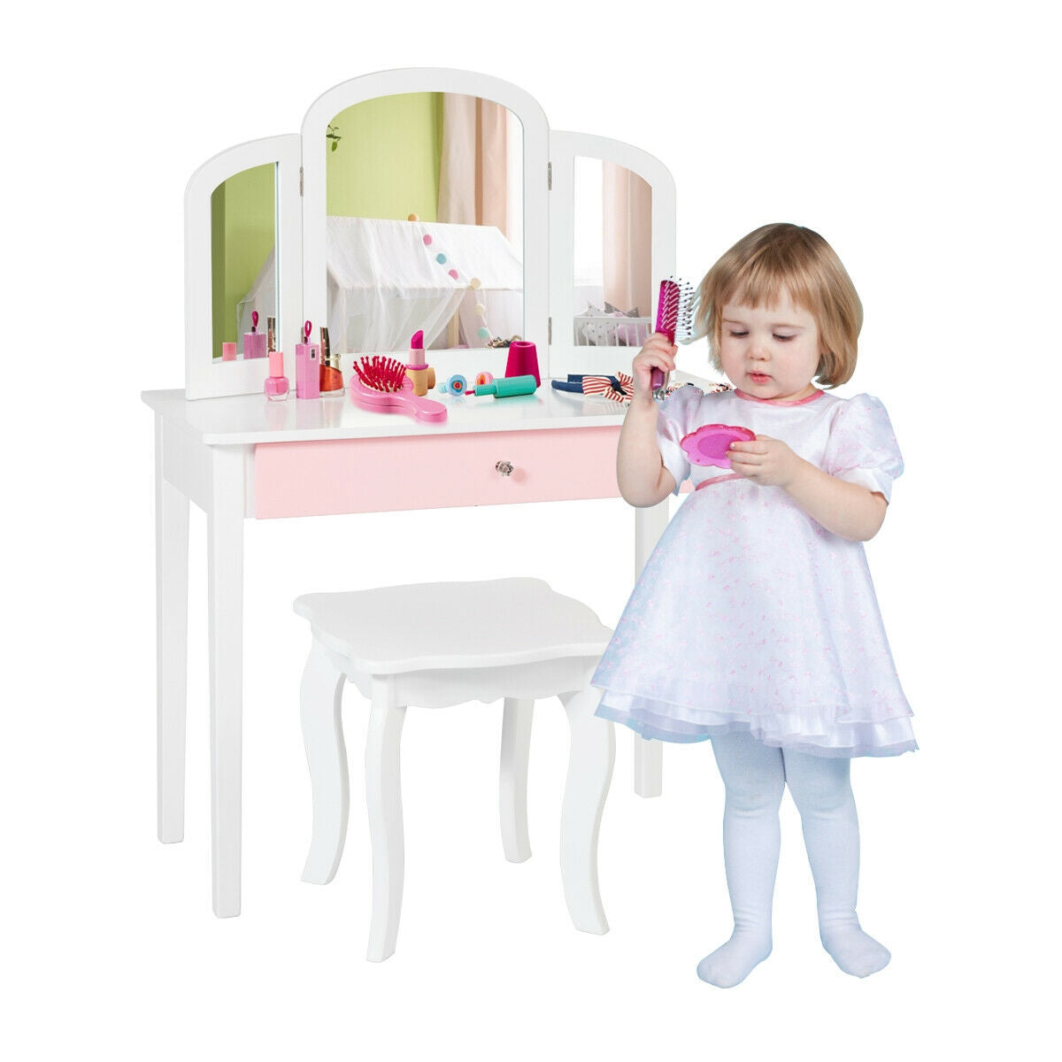 Kids Princess Make Up Dressing Table with Tri-folding Mirror and Chair-White Kids Crystal
