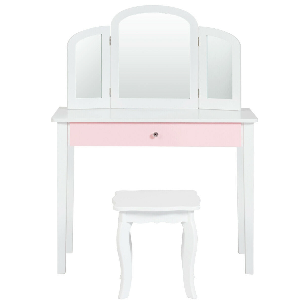 Kids Princess Make Up Dressing Table with Tri-folding Mirror and Chair-White Kids Crystal