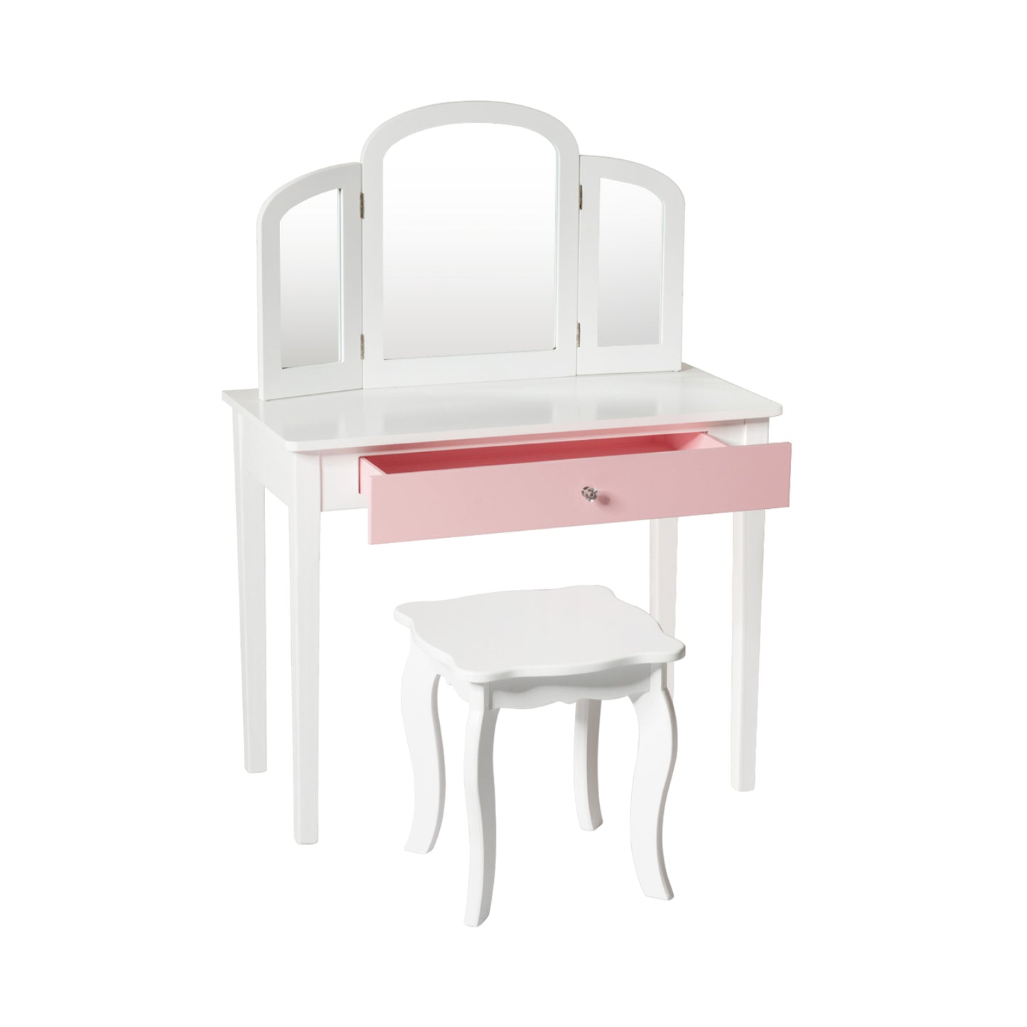 Kids Princess Make Up Dressing Table with Tri-folding Mirror and Chair-White Kids Crystal