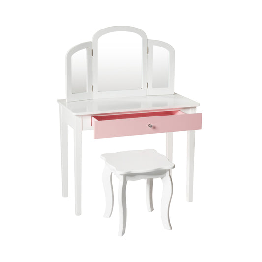 Kids Princess Make Up Dressing Table with Tri-folding Mirror and Chair-White Kids Crystal