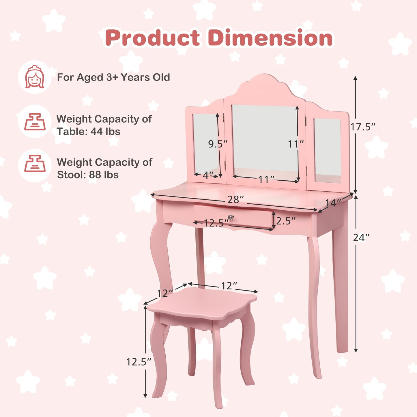 Kids Makeup Dressing Mirror Vanity Table Stool Set-Pink Kids Crystal