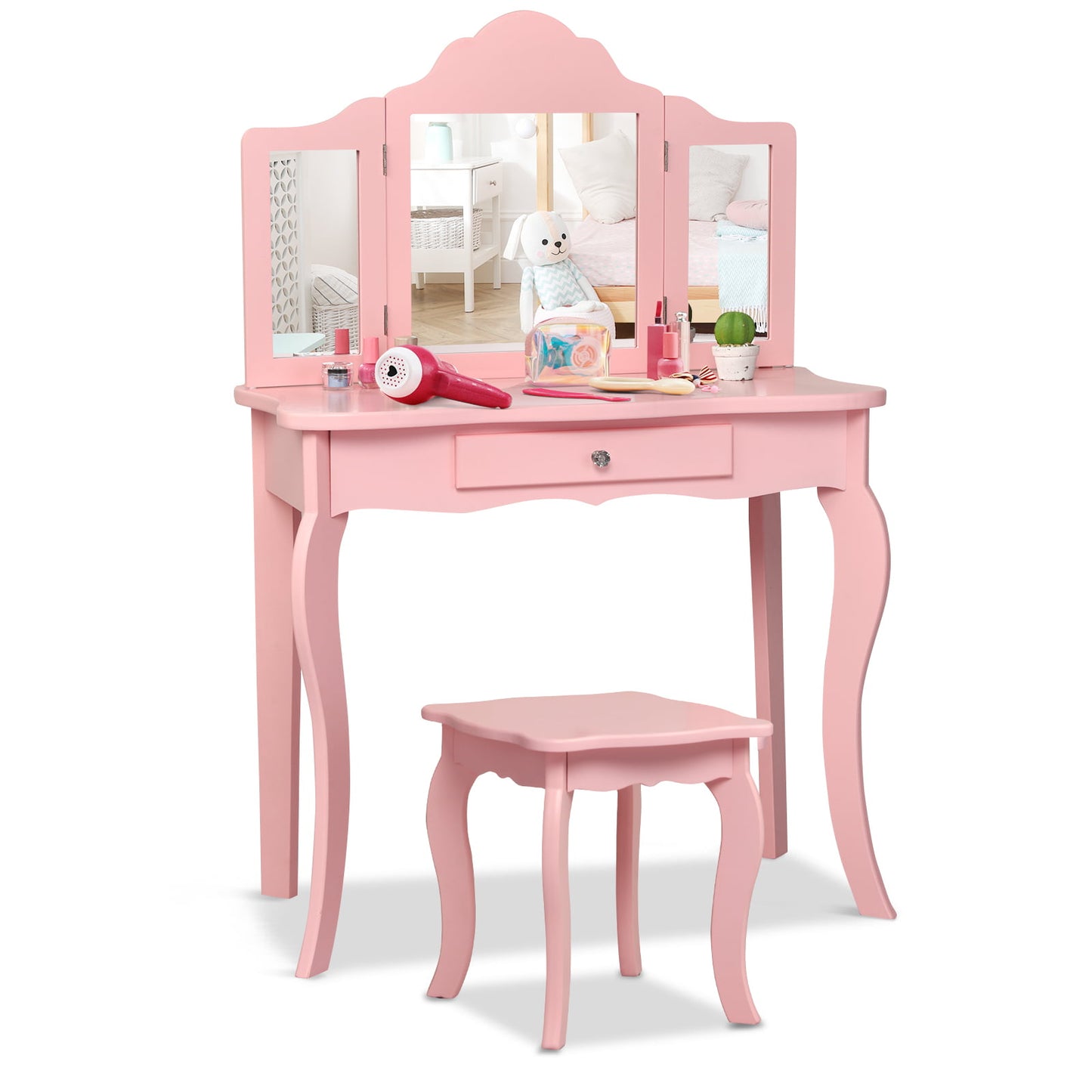 Kids Makeup Dressing Mirror Vanity Table Stool Set-Pink Kids Crystal