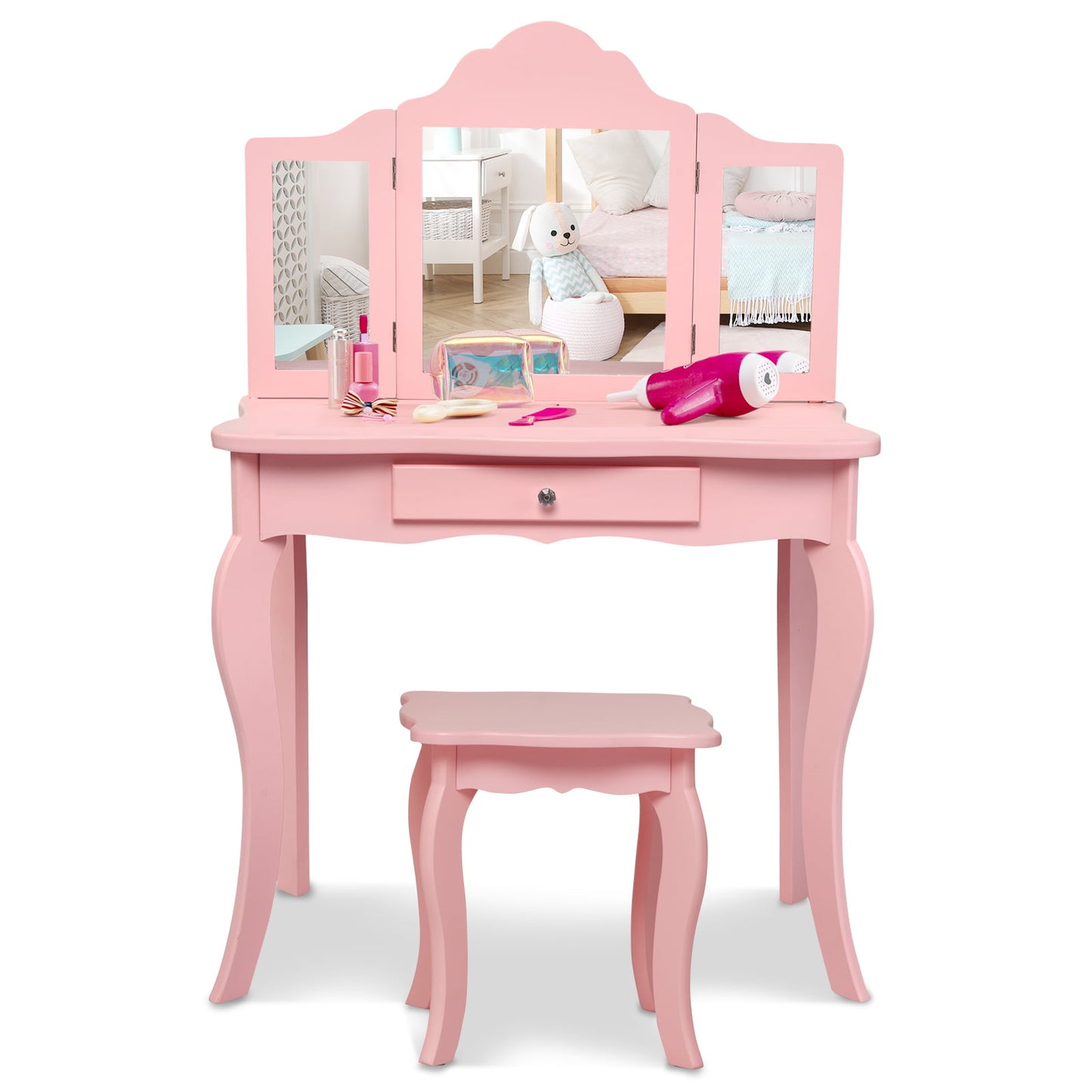 Kids Makeup Dressing Mirror Vanity Table Stool Set-Pink Kids Crystal