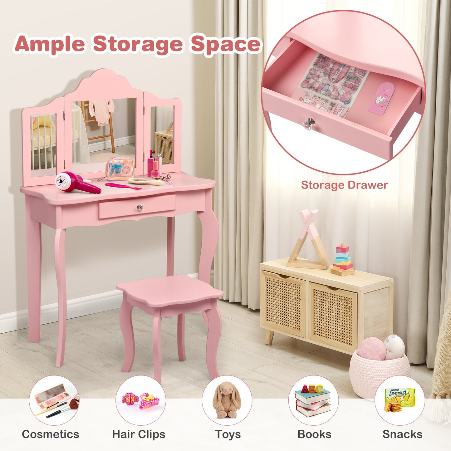 Kids Makeup Dressing Mirror Vanity Table Stool Set-Pink Kids Crystal
