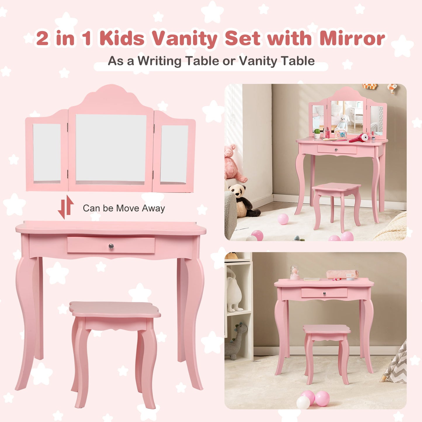 Kids Makeup Dressing Mirror Vanity Table Stool Set-Pink Kids Crystal