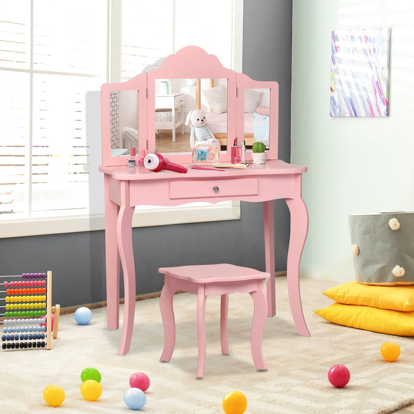 Kids Makeup Dressing Mirror Vanity Table Stool Set-Pink Kids Crystal
