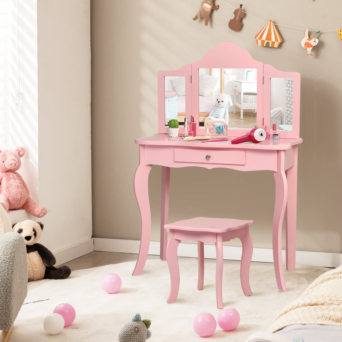 Kids Makeup Dressing Mirror Vanity Table Stool Set-Pink Kids Crystal