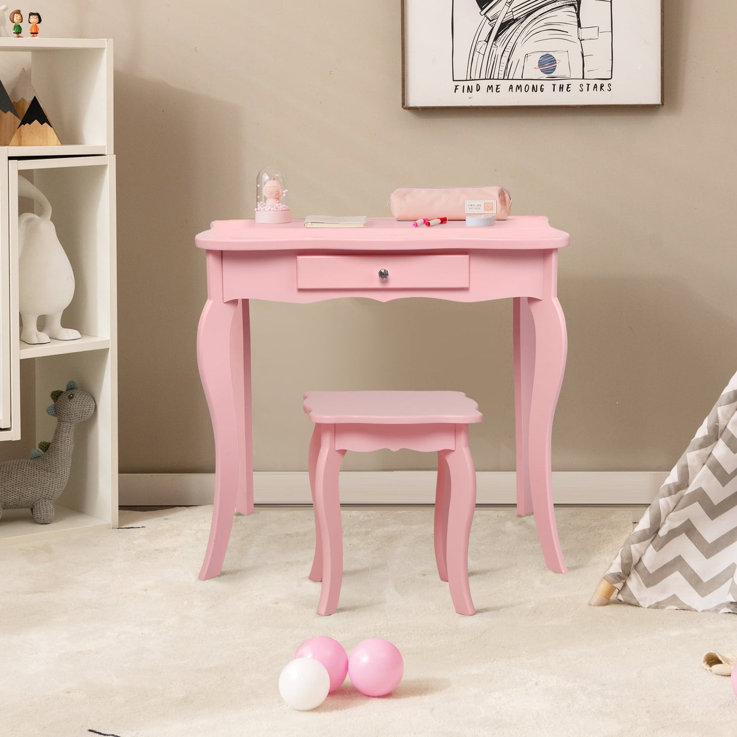Kids Makeup Dressing Mirror Vanity Table Stool Set-Pink Kids Crystal