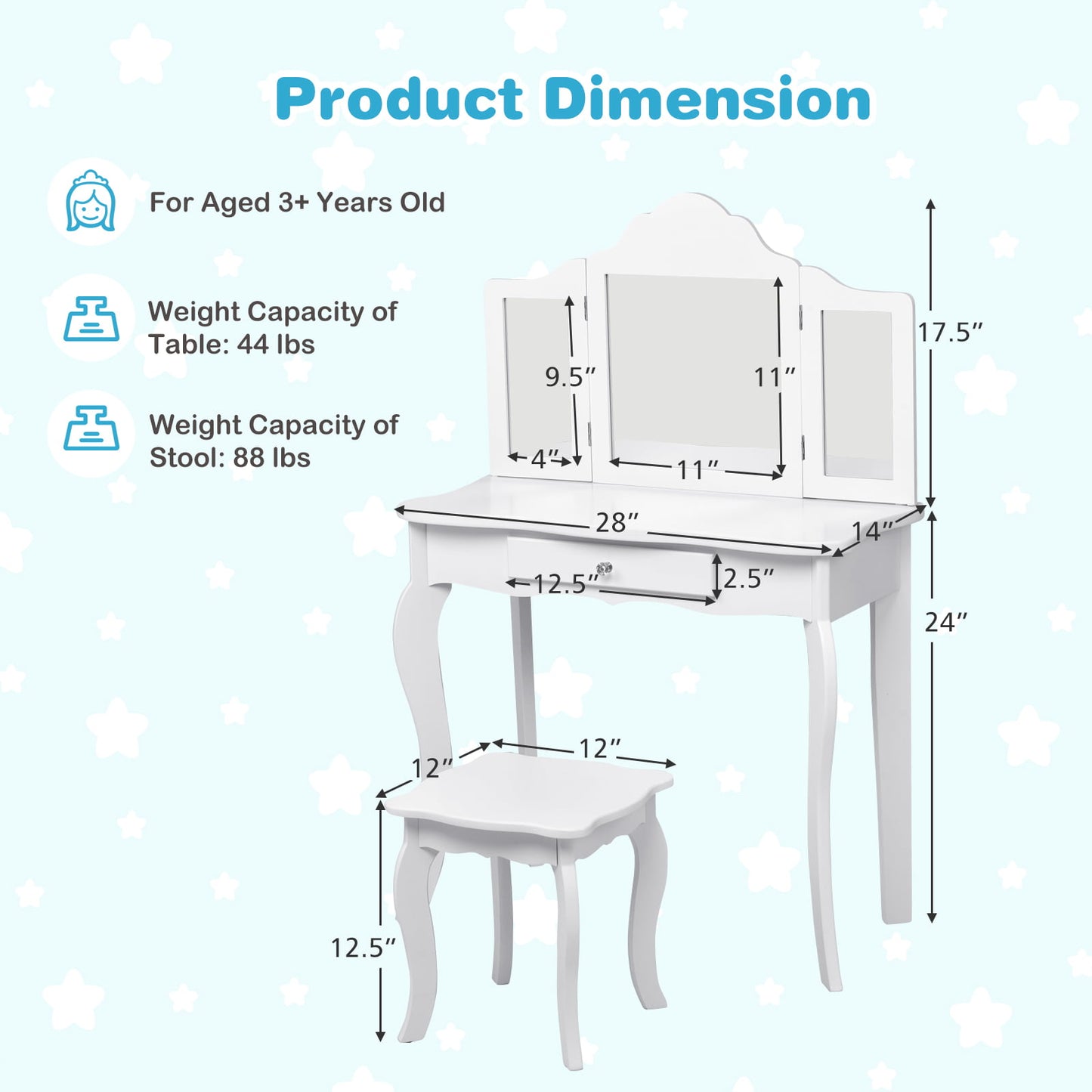 Mini Makeup Dressing Mirror Vanity Table Stool Set Kids Crystal