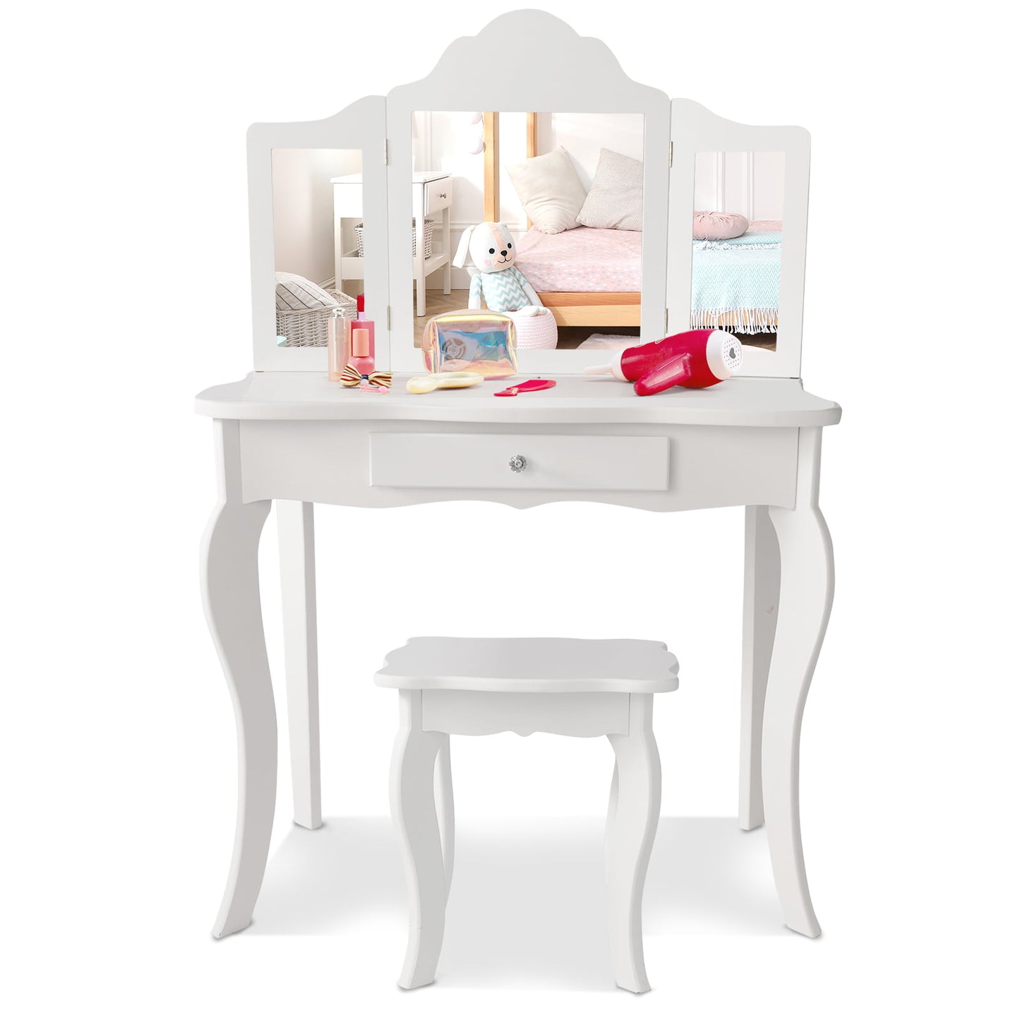 Mini Makeup Dressing Mirror Vanity Table Stool Set Kids Crystal