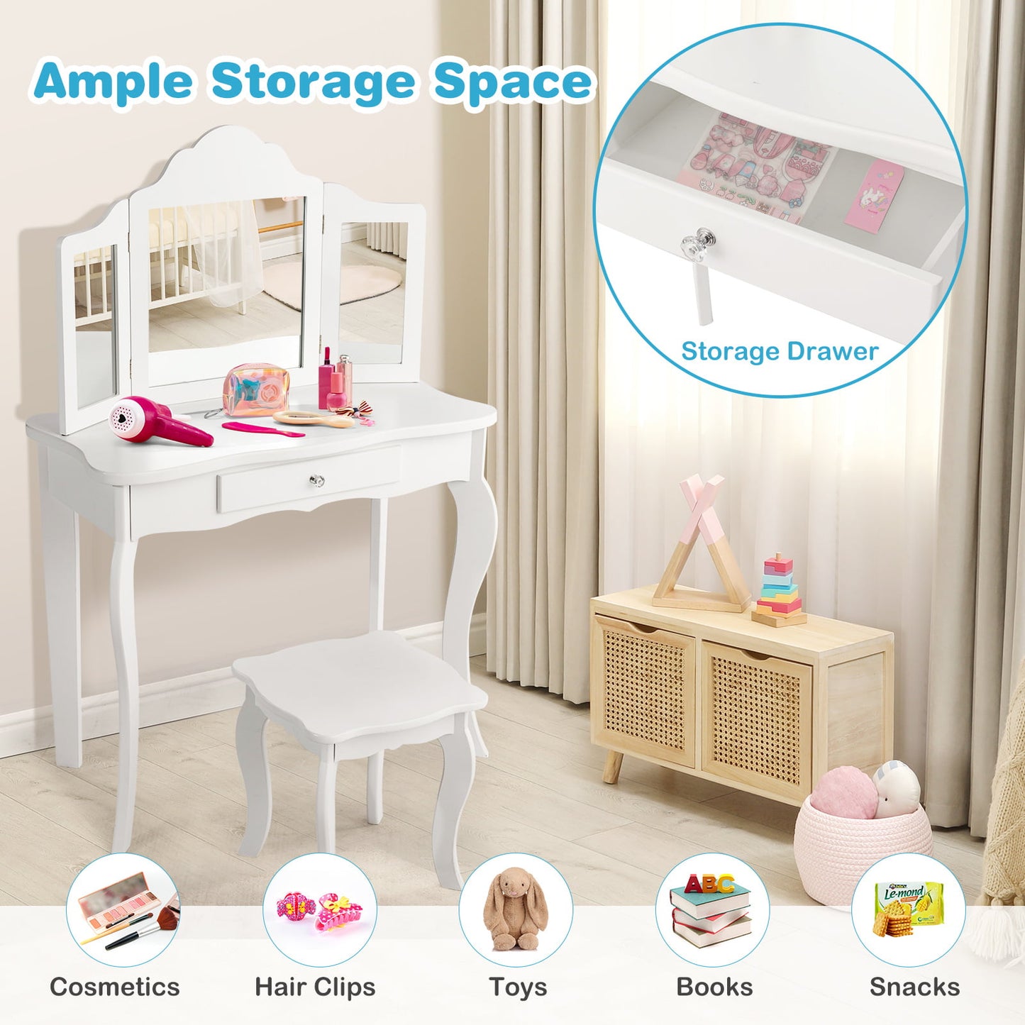 Mini Makeup Dressing Mirror Vanity Table Stool Set Kids Crystal