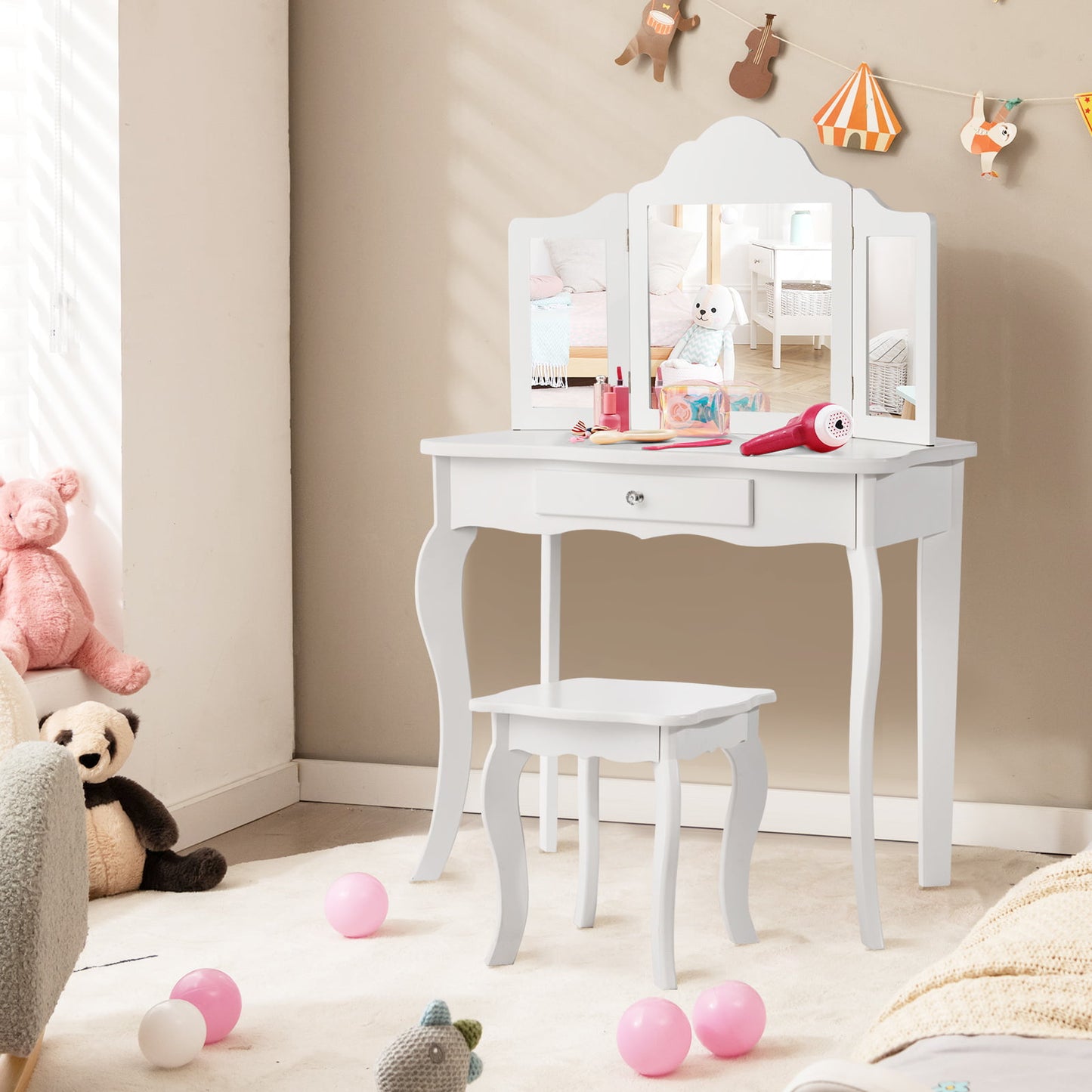 Mini Makeup Dressing Mirror Vanity Table Stool Set Kids Crystal