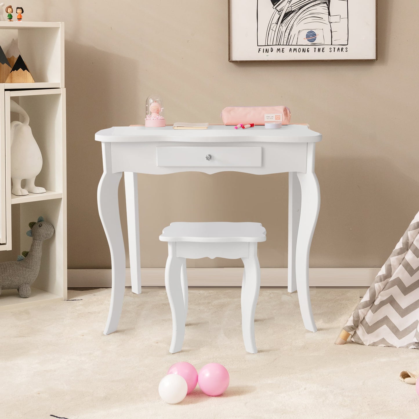 Mini Makeup Dressing Mirror Vanity Table Stool Set Kids Crystal