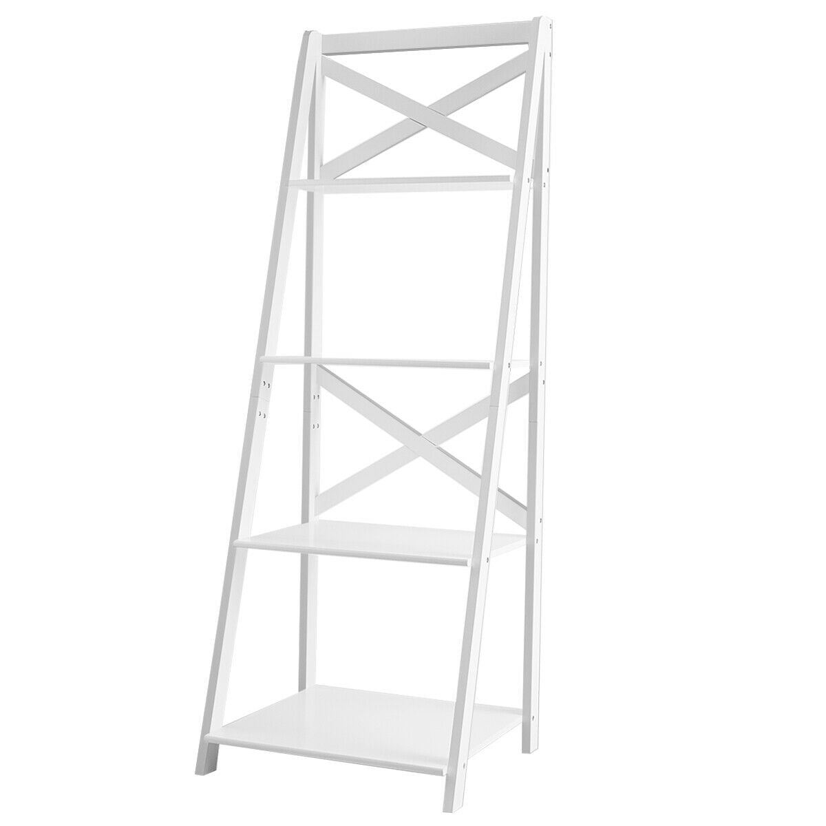 4-tier Leaning Free Standing Ladder Shelf Bookcase-White Kids Crystal