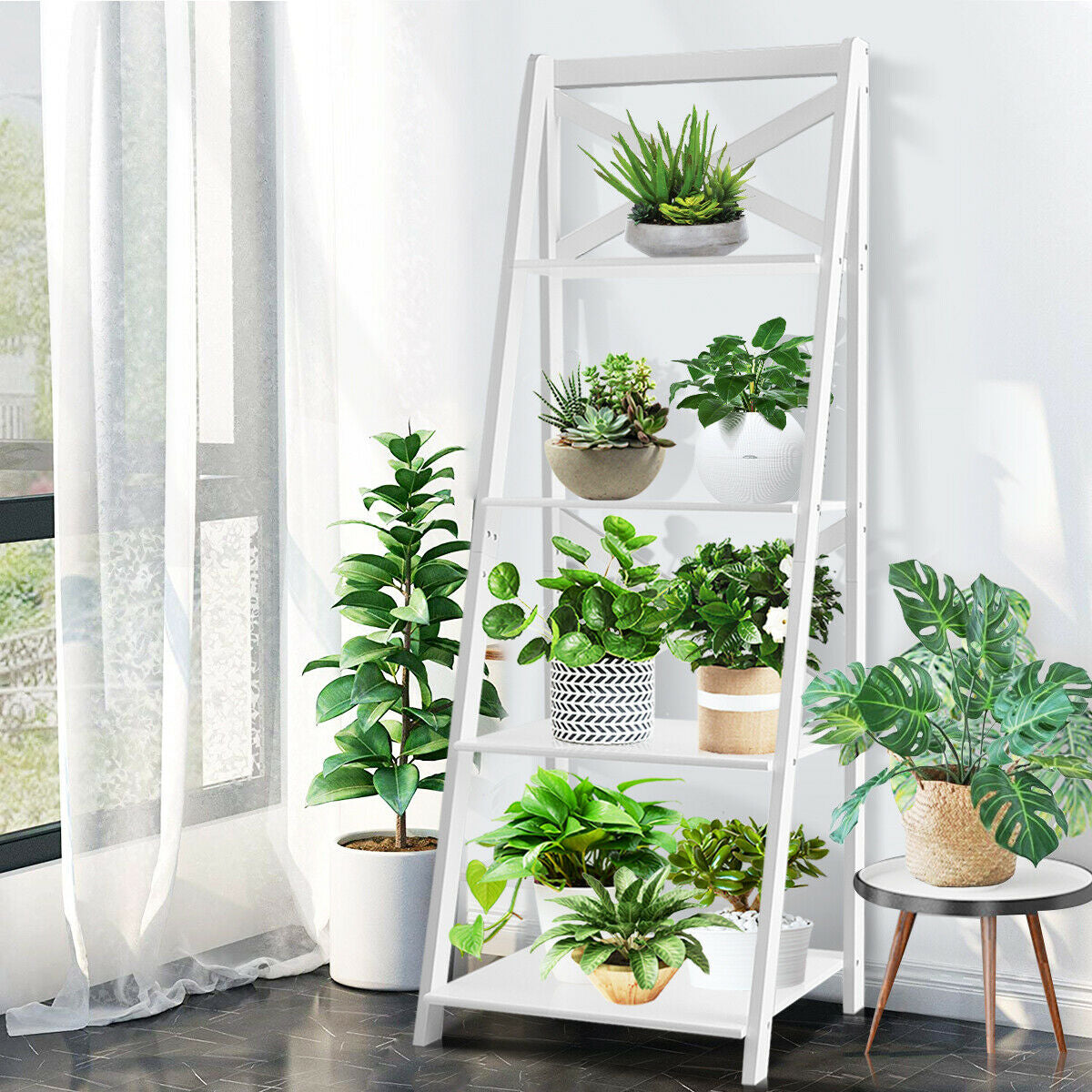 4-tier Leaning Free Standing Ladder Shelf Bookcase-White Kids Crystal